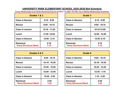 University Park Bell Schedule